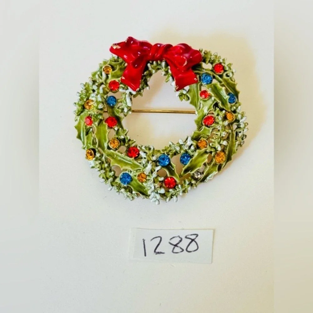 VTG Signed‎ ART Arthur Pepper Christmas Wreath Pin Holiday Rhinestone Enamel 50s